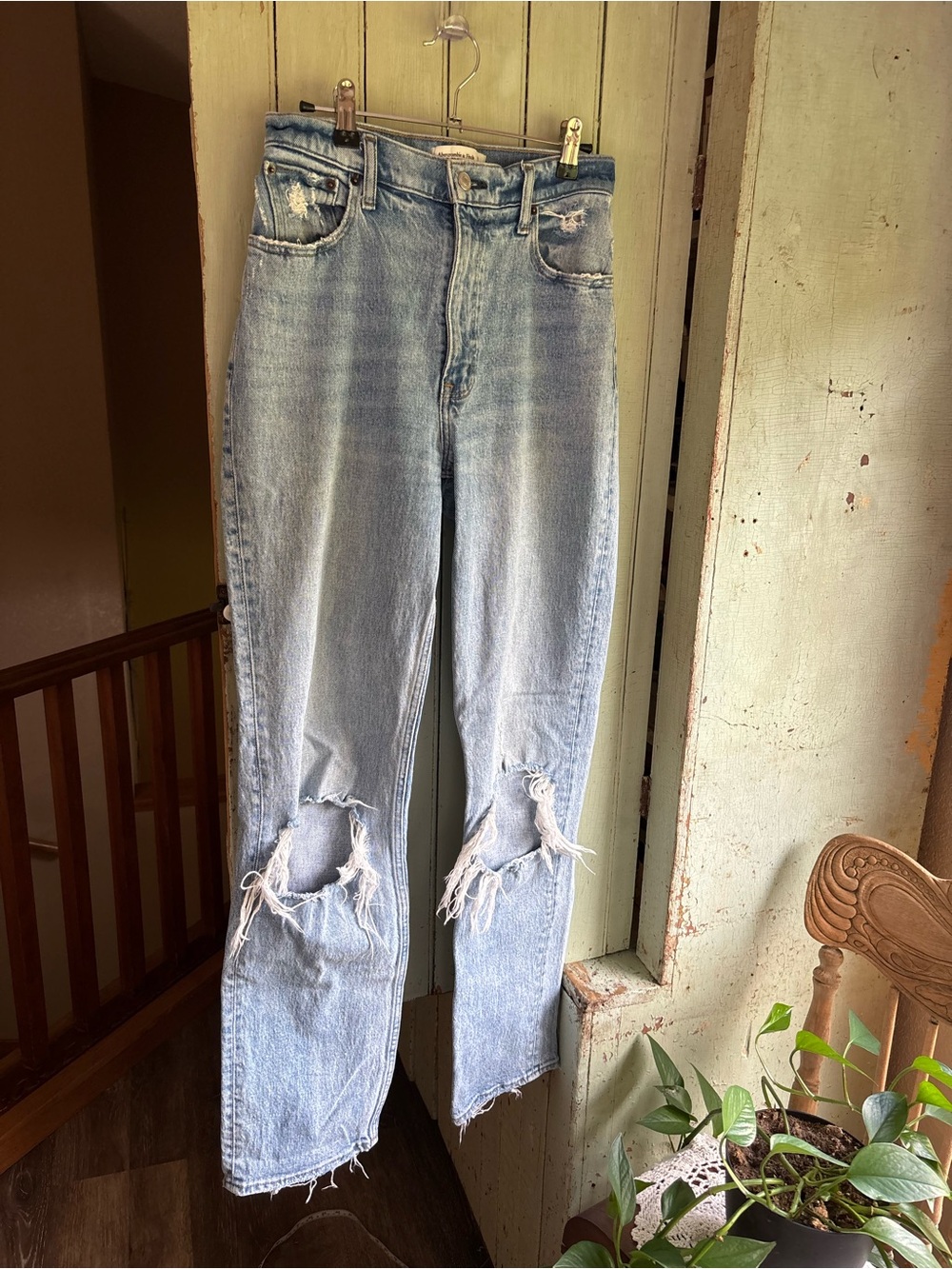 Abercrombie & Fitch Light Blue Distressed Straight-Leg Long Jeans